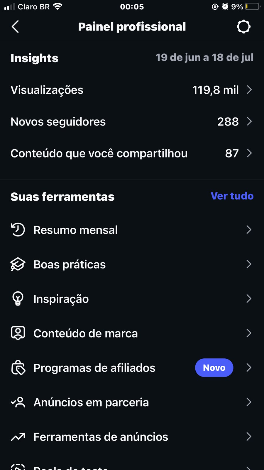 Painel profissional do Instagram com 119,8 mil visualizações